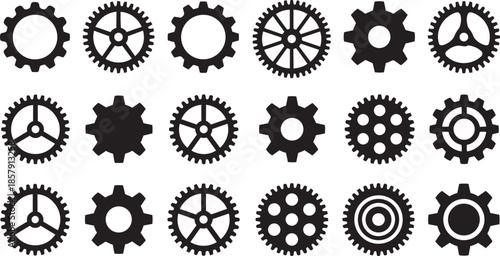 Set of Gear and Cogwheel Silhouettes. Vector Collection of Industrial Machine Parts, Mechanisms, Transmission Elements, and Settings Icons.