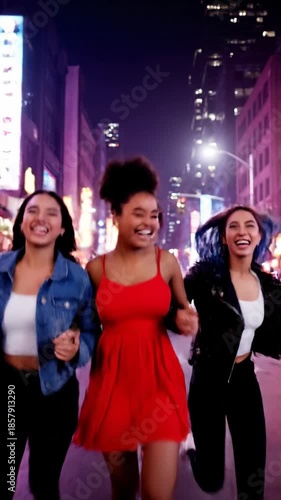 Joyful friends running down a city street at night, celebrating life together.