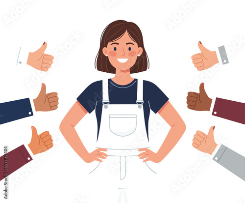 Woman in overalls receiving approval with thumbs up