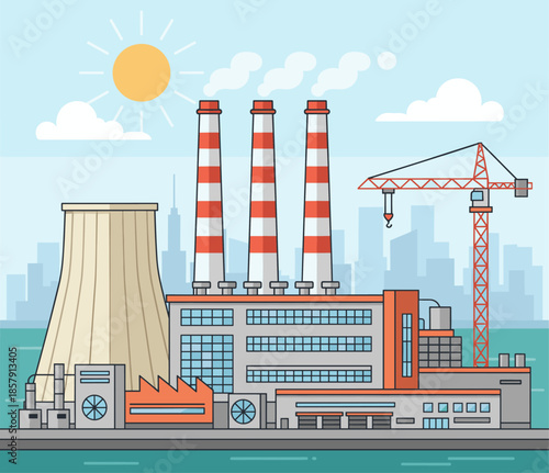 Factory complex with three smokestacks and construction crane