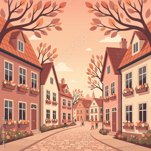 Autumn village street with people and cyclists