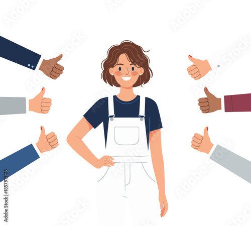 Woman in overalls with thumbs up from diverse hands