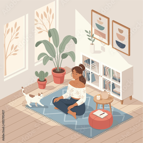 Peaceful woman practicing yoga at home with her cat