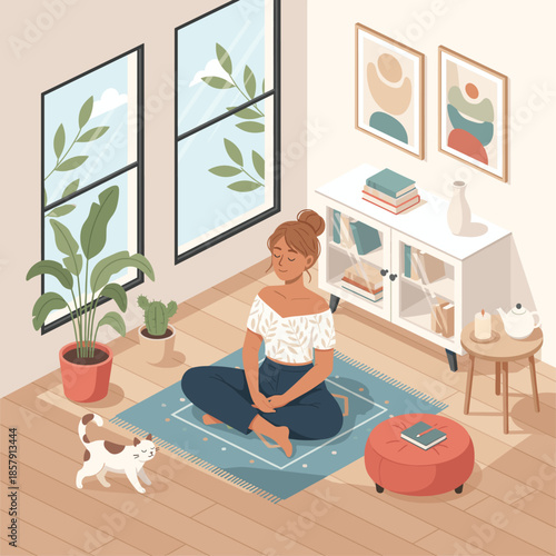 Woman meditating at home in cozy room with cat