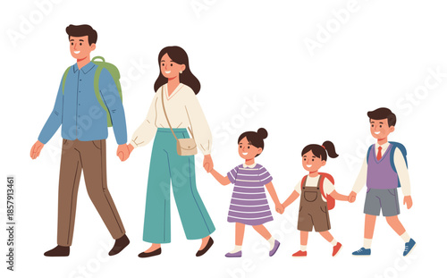 Happy family of five walking together holding hands