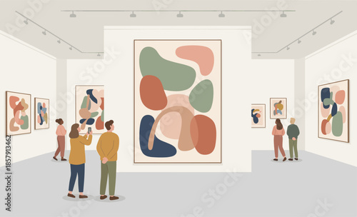 Visitors admiring abstract art in a spacious gallery