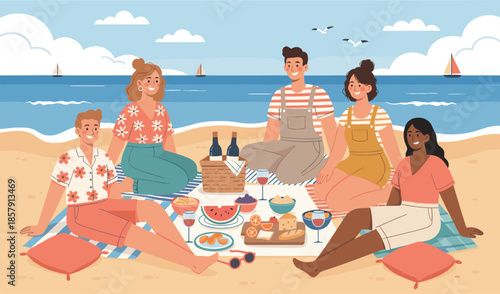 Friends having beach picnic with wine and snacks