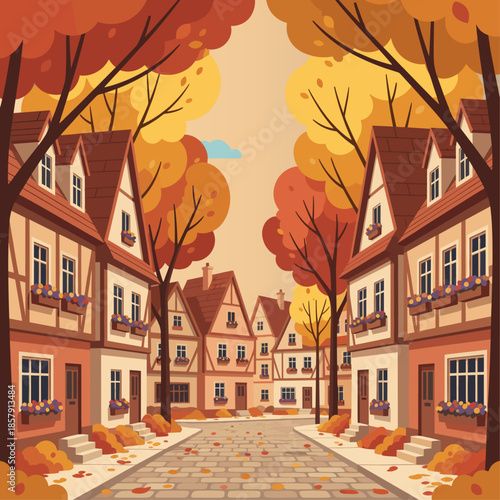 Autumn street with colorful half-timbered houses and falling leaves