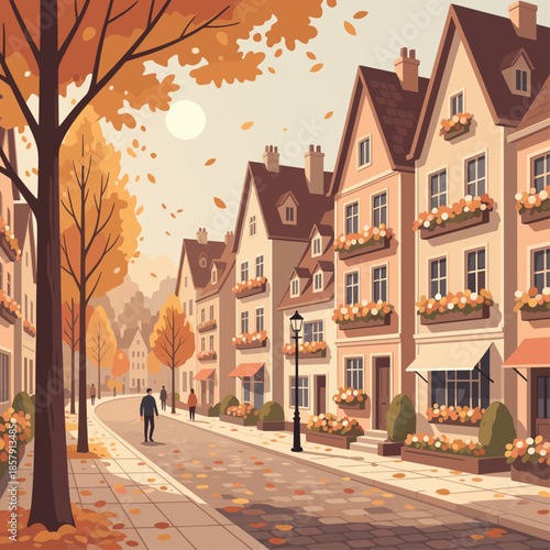 Autumn city street with pedestrians and falling leaves