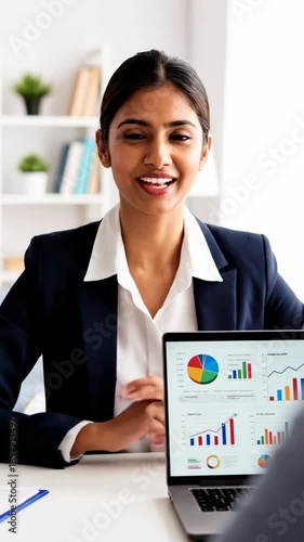 Businesswoman presenting financial data on laptop screen during meeting.