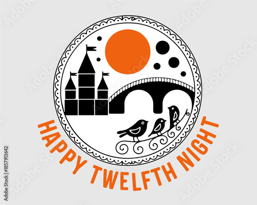 Festive emblem with castle, bridge, birds, and sun for a holiday celebration.