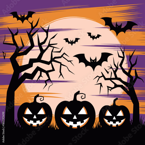 Dark Halloween night scene with silhouetted pumpkins and spooky trees. Several flying bats appear against a large full moon, creating a classic Halloween night scene.