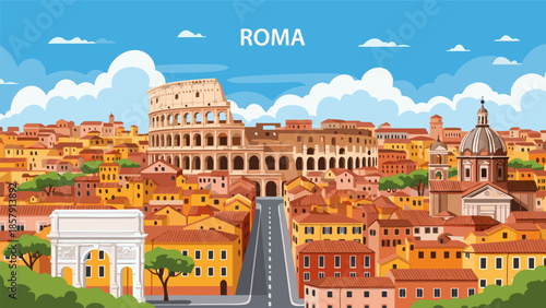 Vibrant Vector Illustration of Ancient Rome Cityscape with Colosseum and Architecture