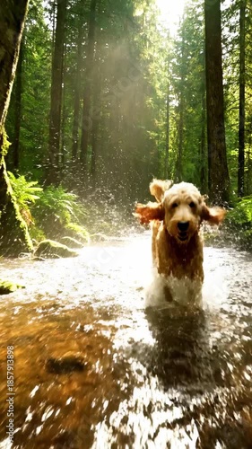 Happy dog running through a stream in a lush green forest environment.