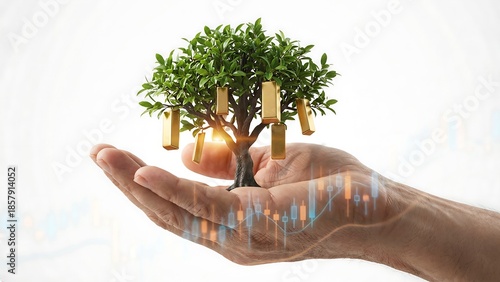 Hands cradling a tree with gold coins and stock market graphs