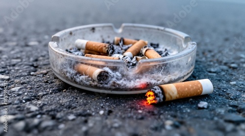 Dirty glass ashtray with cigarette butts on asphalt