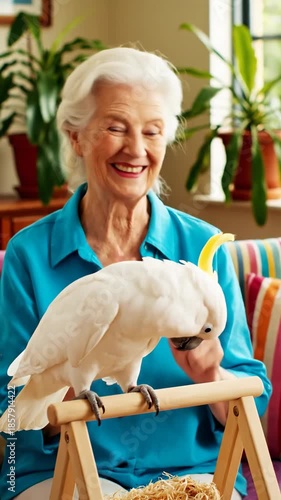 Happy elderly woman interacting with a white cockatoo bird in her home.