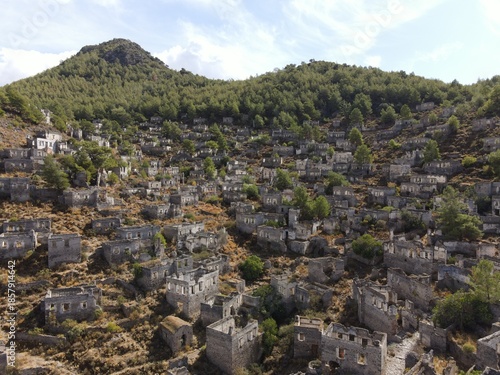 Aerial view of Kayaköy, a historic abandoned village set on a hillside near Fethiye, Turkey
