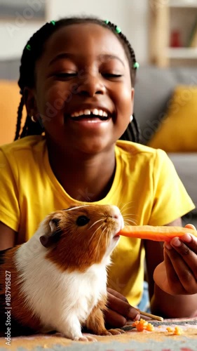 Happy girl feeding guinea pig carrot, enjoying quality time at home.
