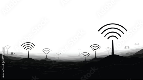 Black and white illustration of wireless internet signal towers on hills with varying signal strengths in a modern technological landscape