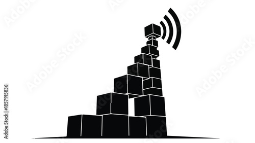 Black pyramid structure with wifi signal tower on top, modern communication concept illustration