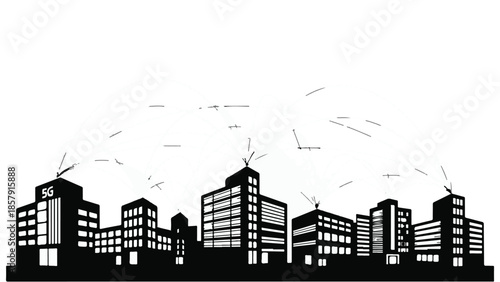 City skyline urban landscape silhouette with modern buildings and birds flying overhead in black and white