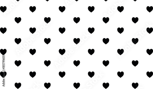 A beautiful black heart seamless pattern on a crisp white background creating a repeating graphic design texture