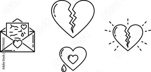 A collection of expressive line art icons depicting emotional pain heartbreak sorrow and broken relationships perfect for design projects