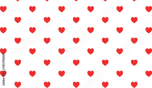 A charming seamless pattern featuring numerous small bright red heart shapes beautifully scattered across a clean white background for romantic designs