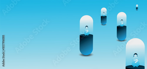 Abstract mental health illustration with capsules and lonely persons inside. Concept of depression, emotional isolation, recovery journey and inner balance. 