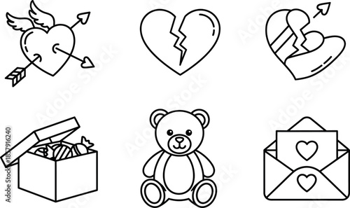 Collection of charming simple outline vector icons representing love romance affection relationships gifts and valentines day themes