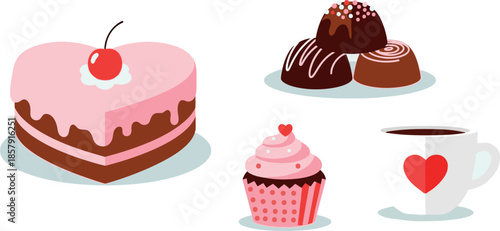 Delicious array of romantic sweet treats including a heartshaped cake chocolate truffles and a special coffee mug perfect for Valentines Day celebrations