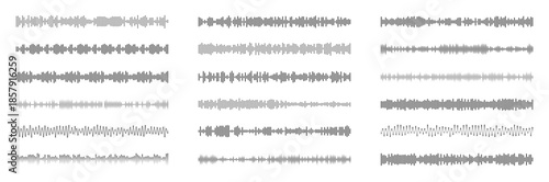 Sound wave visualization with audio frequency patterns and digital waveform elements for music production and radio broadcast design on white background