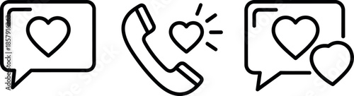 Digital communication and dating app vector icons featuring heartfilled messages phone calls and social interaction notifications isolated on transparent background