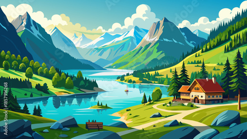 Very beautiful panoramic landscape of Achensee Lake near Pertisau, Austria, showing turquoise alpine water, surrounding mountains, lush forests, and peaceful summer atmosphere under clear skies.