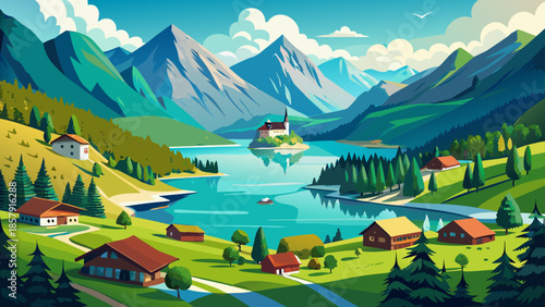 Very beautiful panoramic landscape of Achensee Lake near Pertisau, Austria, showing turquoise alpine water, surrounding mountains, lush forests, and peaceful summer atmosphere under clear skies.