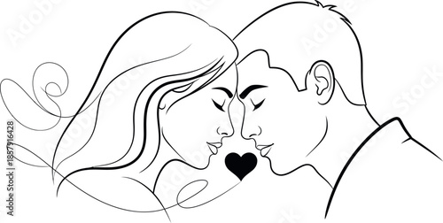 Romantic minimalist line art illustration portraying a loving young couple in profile with eyes closed and a small heart signifying their deep connection and affection