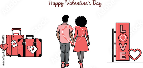 Romantic Valentines Day journey with loving couple holding hands and travel suitcases ready for a holiday adventure