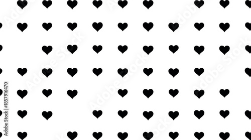 Seamless black heart pattern background featuring countless small loving shapes repeating endlessly on a clean white backdrop creating a charming romantic texture
