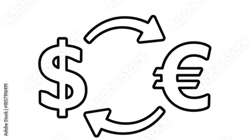 Currency exchange illustration depicting dollar and euro symbols with circular arrows signifying conversion