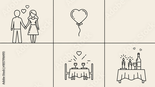 Simple line art icons illustrating romantic love a happy couple holding hands a heart balloon and special dinner dates