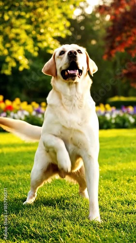 Happy Golden Retriever Dog Playing in the Green Grass Outdoors.