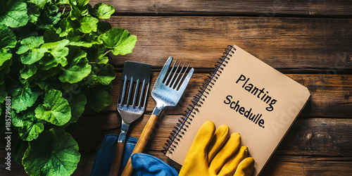 Gardening Tools with Planting Schedule Notebook on Wooden Table