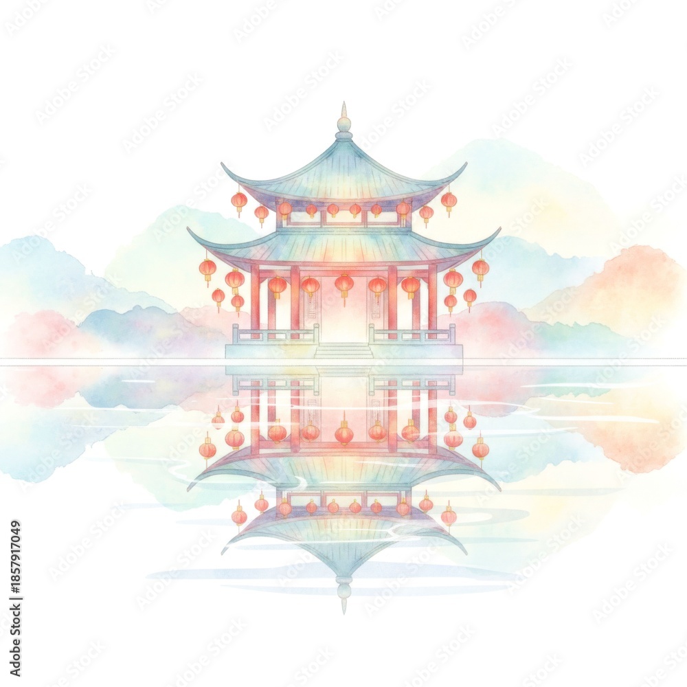 Fototapeta premium Serene Asian Pagoda Reflected in Calm Waters Amid Soft Pastel Sky