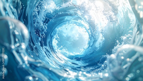 Dynamic close-up of a swirling water tunnel with bright sky visible in the center