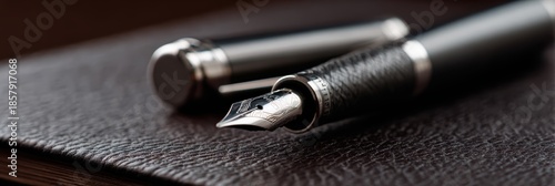 luxury pen photography, a dramatic close-up of an expensive fountain pen lying on a dark leather blotter pad with the cap placed beside it, symbolizing the completion of writingsigning the leather