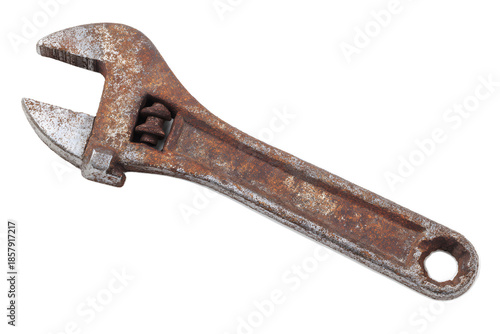 Old wrench on a plain background showing wear and rust from extended use in various tasks around household or workshop settings