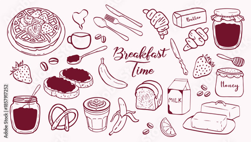A charming hand drawn collection of breakfast favorites including waffles, coffee, pastries, and fresh fruit. Perfect for cafe menus and morning-themed designs.