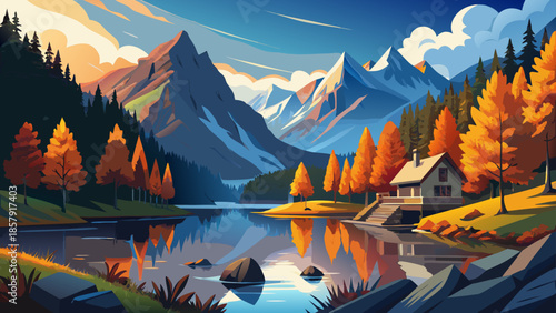Very beautiful autumn scene at Lake Gosau in Austria, featuring dramatic Dachstein peaks, glowing fall colors, calm reflections, and warm evening light creating a serene alpine landscape.