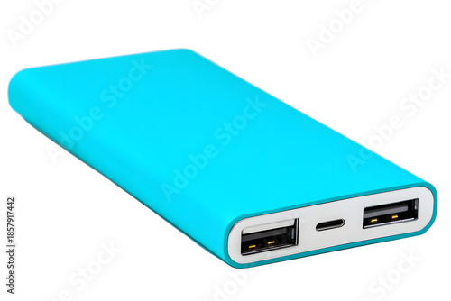 Power bank for charging devices by USB connections on a plain background